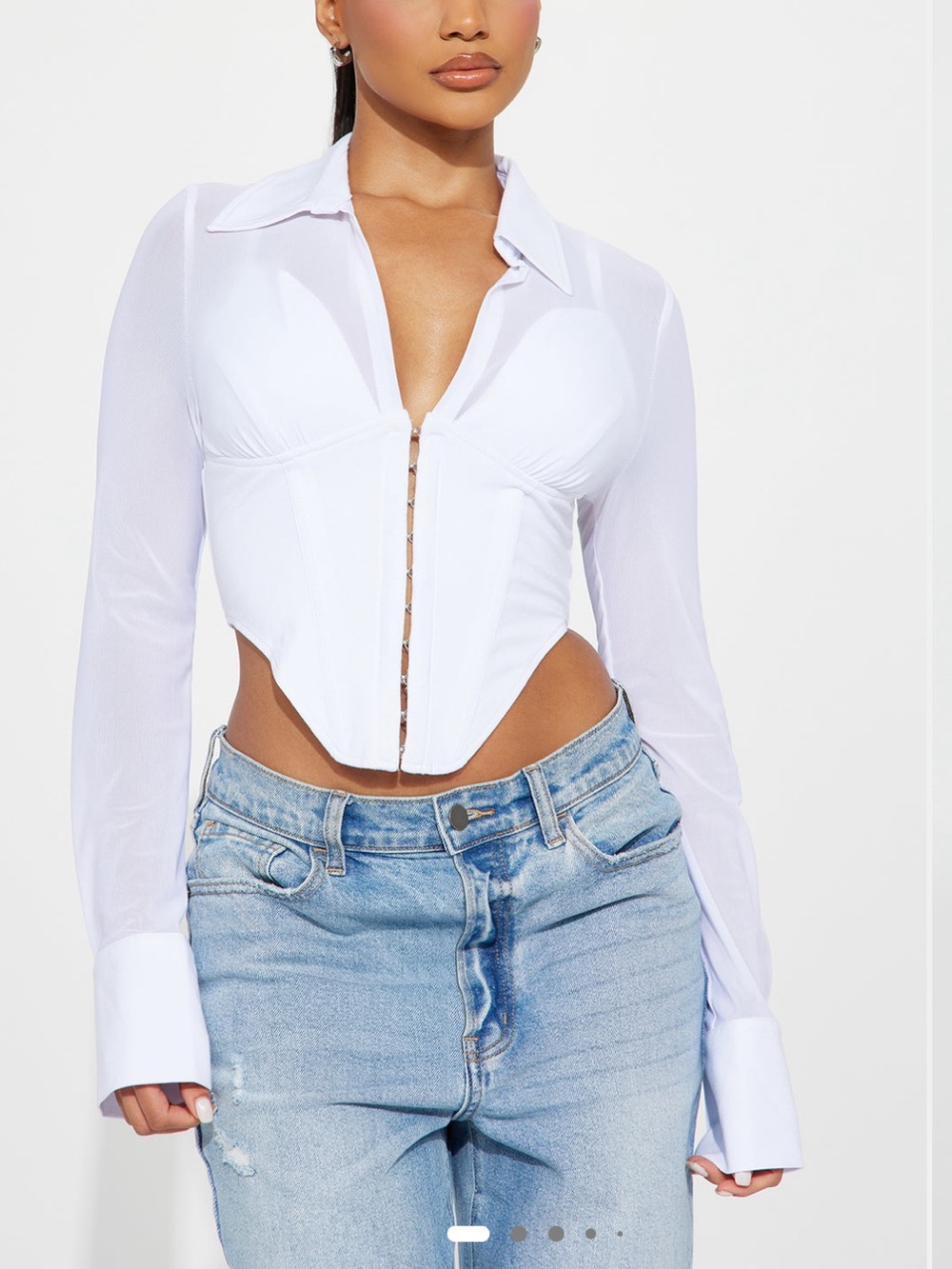 White Mesh Corset Button-Front Top